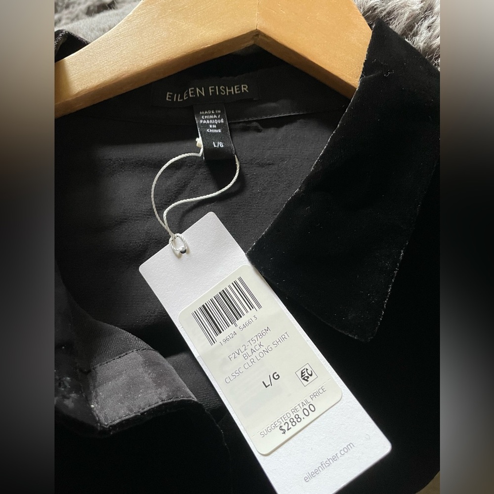 Eileen Fisher Classic Collar long shirt Black Velvet Size L NWT - Picture 2 of 3